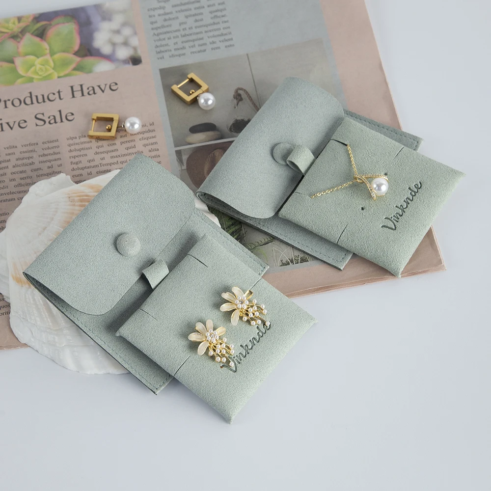 Custom Logo Jewelry Bags Microfiber Snap Storage Pouches Velvet Jewelry Ring Earring Necklace Wedding Gift Bags with Insert Card