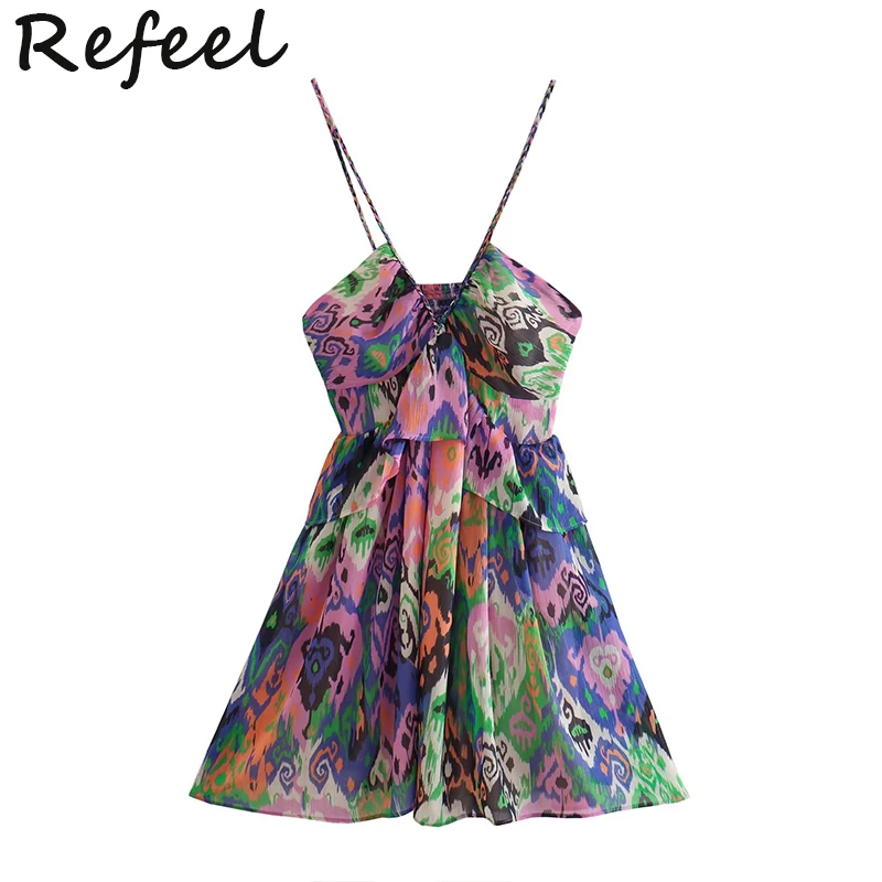 

Refeel Print Ruffle Slip Mini Dress Women Elastic Summer Sexy Short Lining Holiday Beach Women Backless Mujer