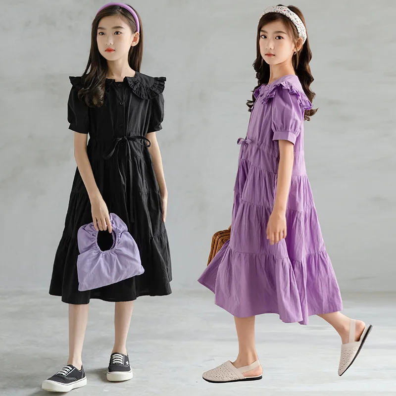 

2022 New Brief Girls Princess Dress Children Summer Midi Length Dress Fashion Kids Retro Clothing A088