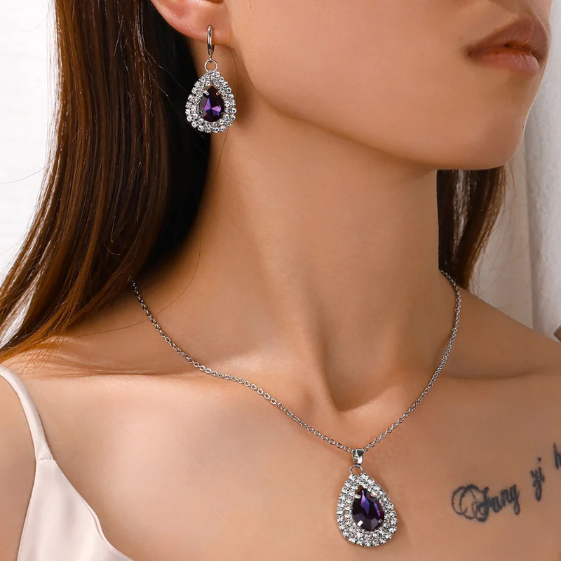 

3pc Lucky Amethyst Water Drop Jewelry Set for Women Set White Zircon Earrings Necklace Birthday Party Gift Jewelry
