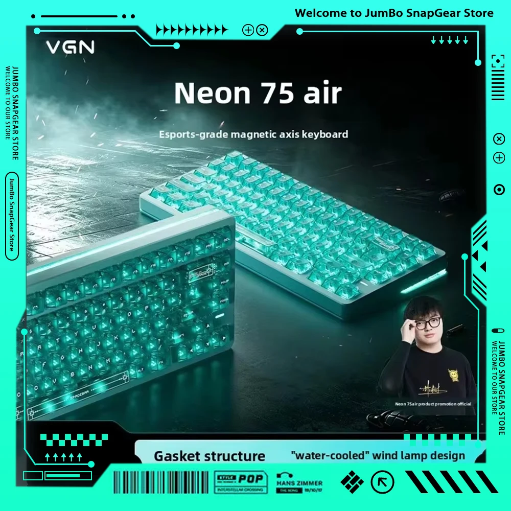 Фото Игровая клавиатура VGN Neon 75Air с магнитными переключателями, три режима подключения, 8000 Гц, проводная, конструкция Gasket, 0.005мм RT, RGB, 8000 мАч, аксессуары для игр №1