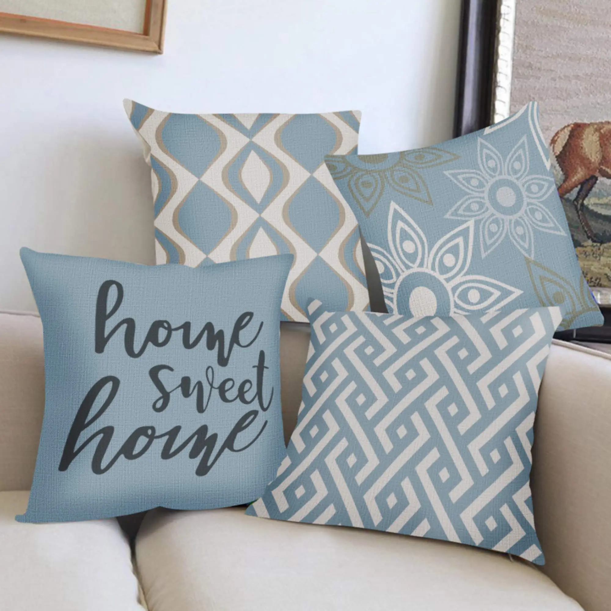 

Lake blue white geometric linen pillowcase sofa cushion cover home decoration can be customized for you 40x40 45x45 50x50 60x60