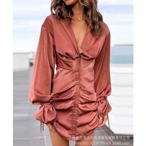 Womens Dress Summer Sexy Lantern Sleeve Pleated Slim Dress Womens Solid Color High Waist V-neck Dress
