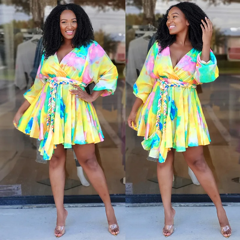 

Printed v-neck sexy woven full train dress with belt plus plus-size women's dress