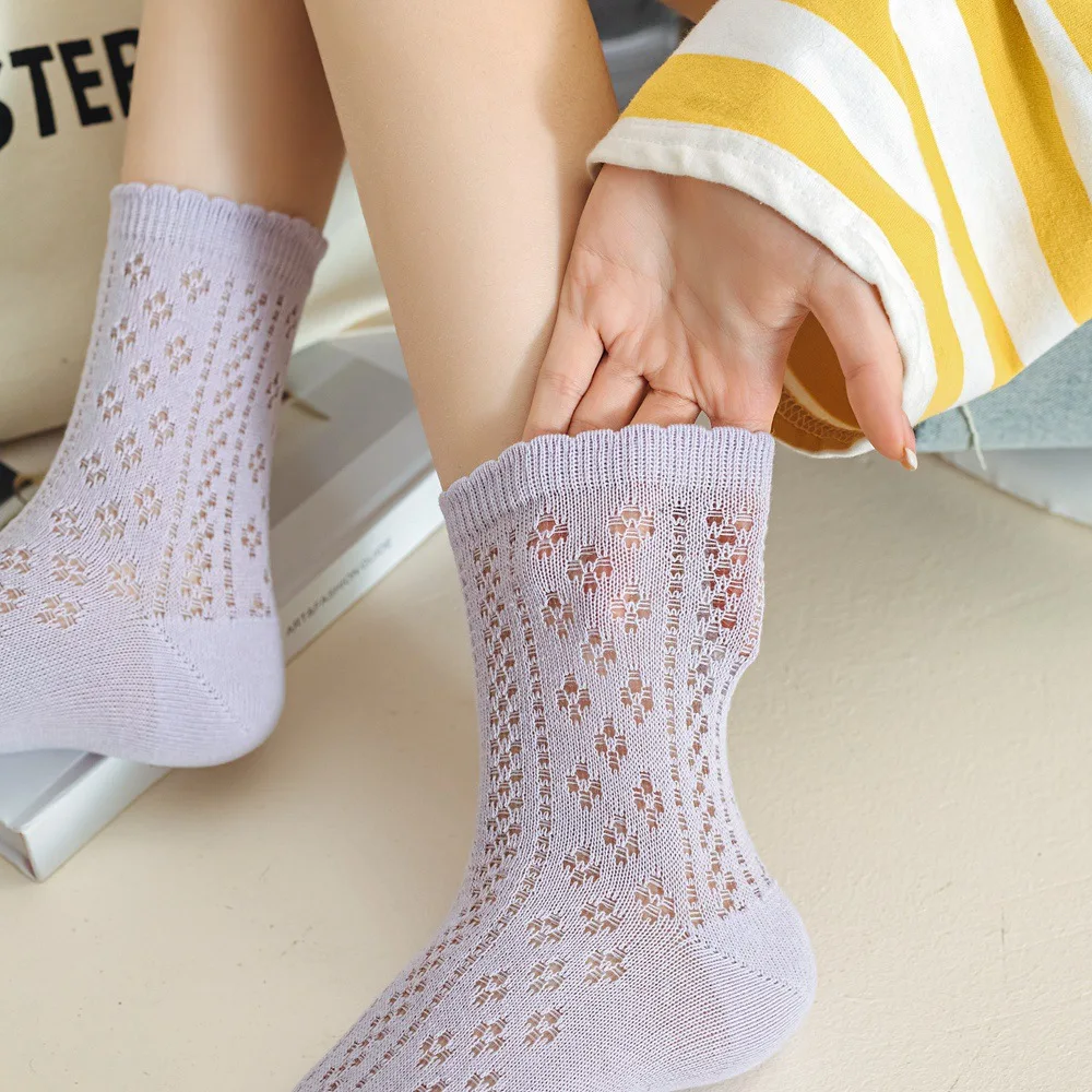 

Summer Cute Hollow Out Cotton White Ankle Tube Stockings Women Casual Fashion with Lace Frilly School Style High Long Socks