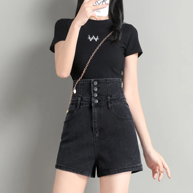 Multi-button Black Denim Shorts Summer Women Sexy Back Lace Up Design High Waist Hot Shorts New White A-Line Loose Straight Jean