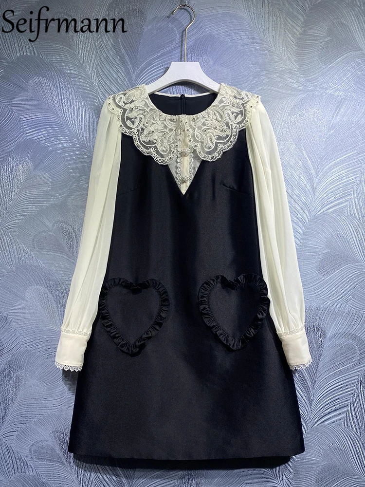 

Seifrmann High Quality Autumn Women Fashion Designer Mini Dress Lantern Sleeve Beading Heart Ruffles Party Print A-Line Dresses