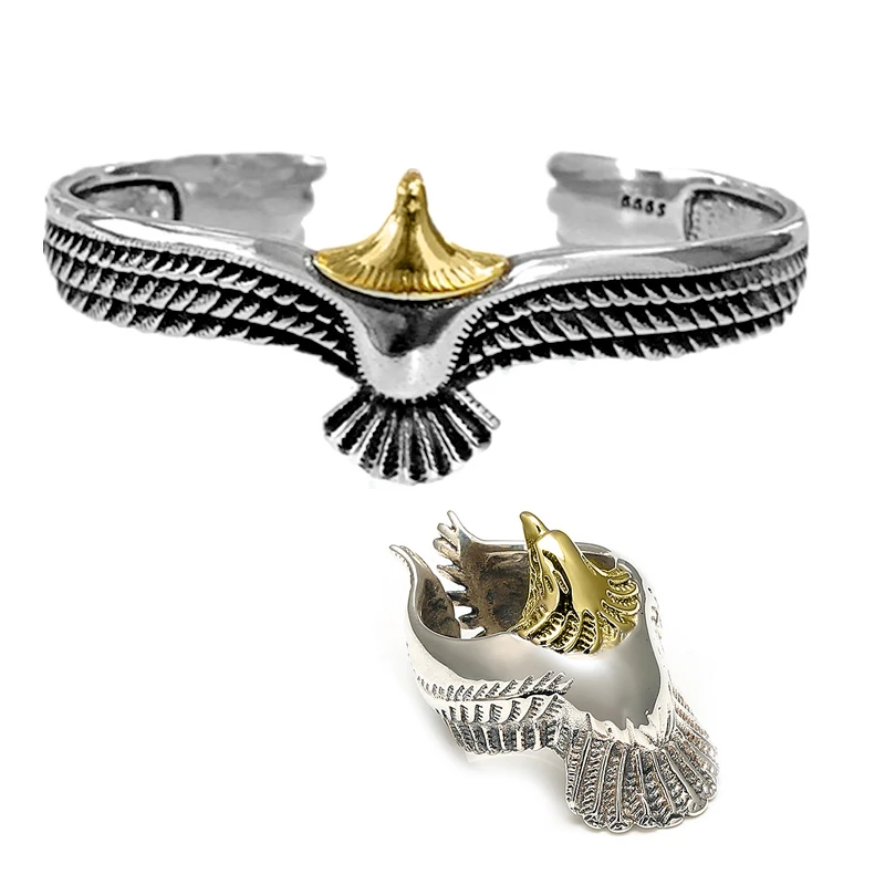 Vintage Eagle Wings Bangle Antique Silver Plated Bald Eagle Cuff Bracelets For Men Women Viking Indian Jewelry