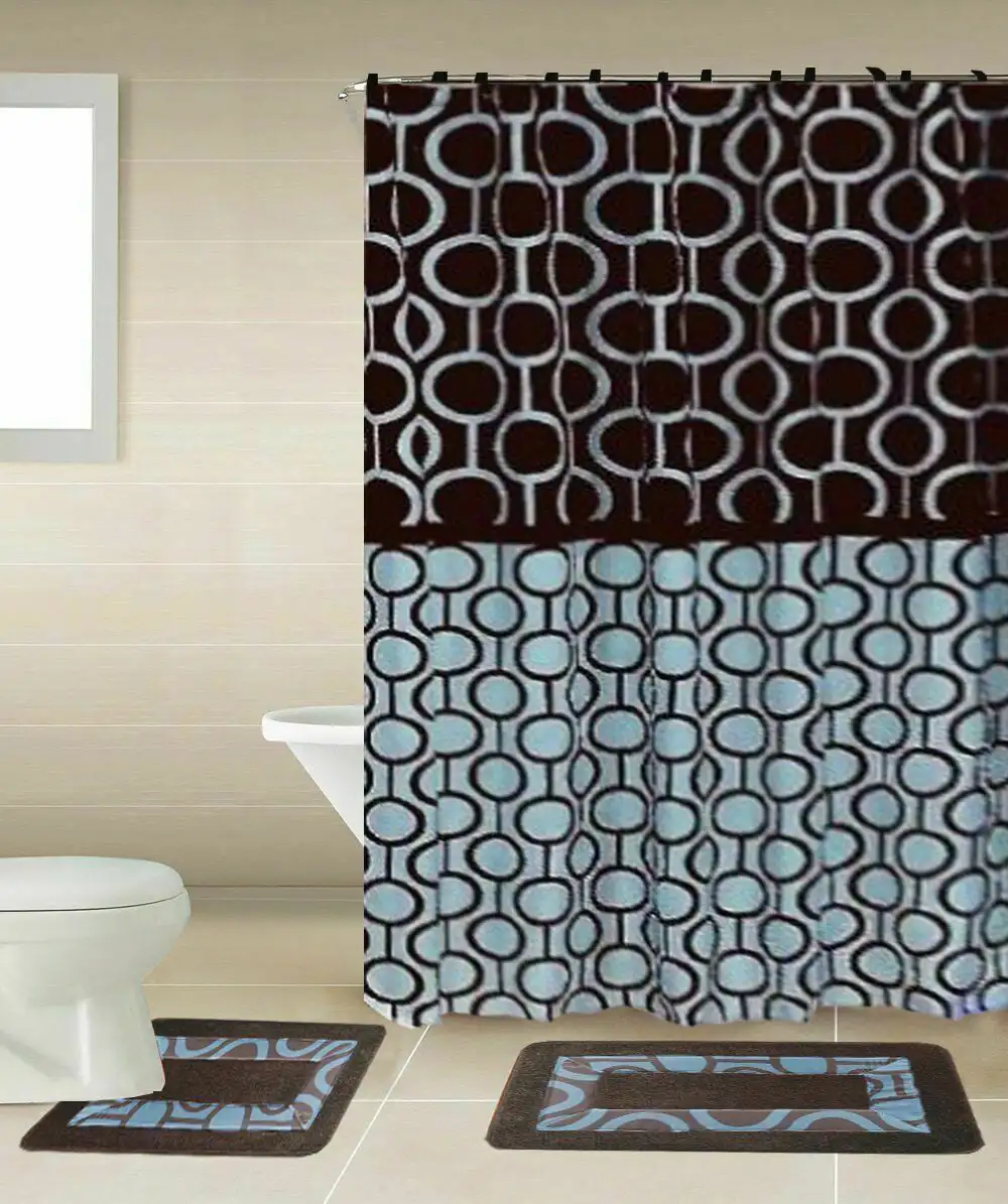 

Free Shipping Sami Brown & Blue Circle 15-Piece Bathroom Accessory Set 2 Bath Mats, Shower Curtain & 12 Fabric Covered Rings
