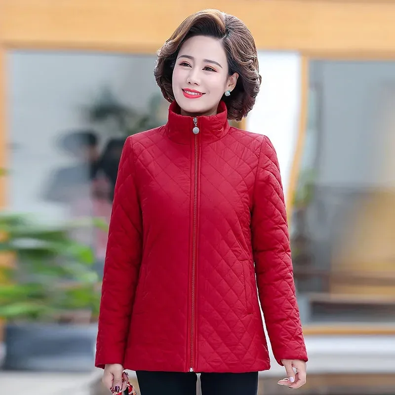Autumn Winter Jacket Women 2023 New Solid Plus Velvet Cotton Padded Coat Thin Short Jacket Middle-aged Female Tops