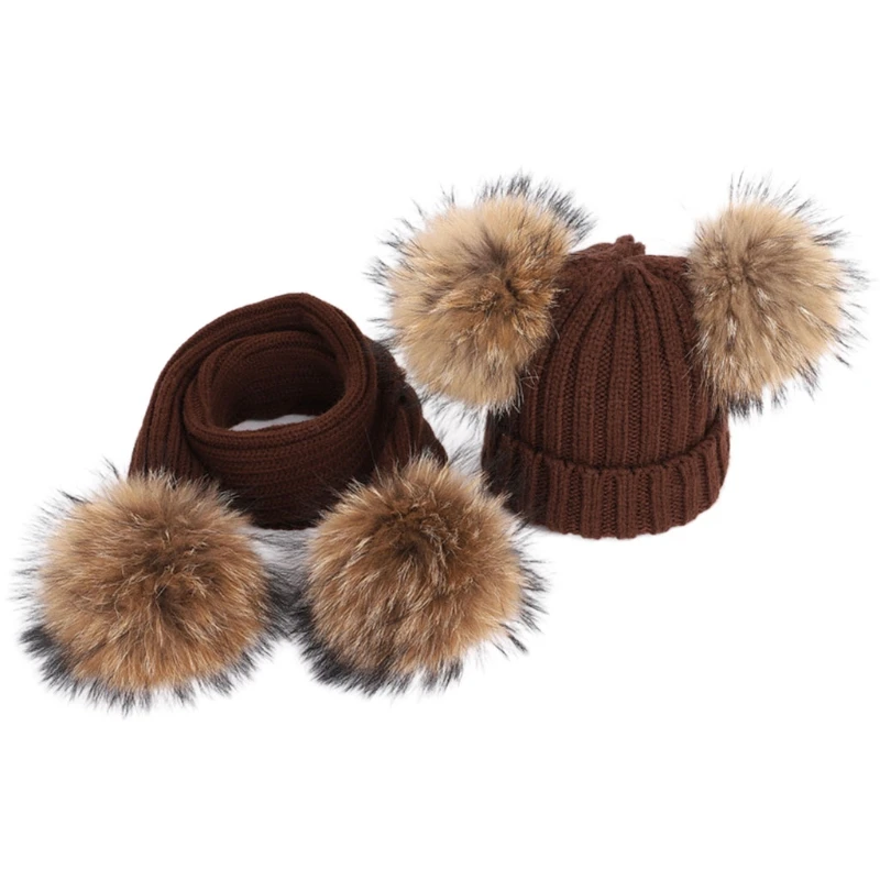 

2pcs Women Men Slouchy Beanie Hat Long Scarf Set Winter Warm Fake Ball Pom Pom Caps Neck Scarves
