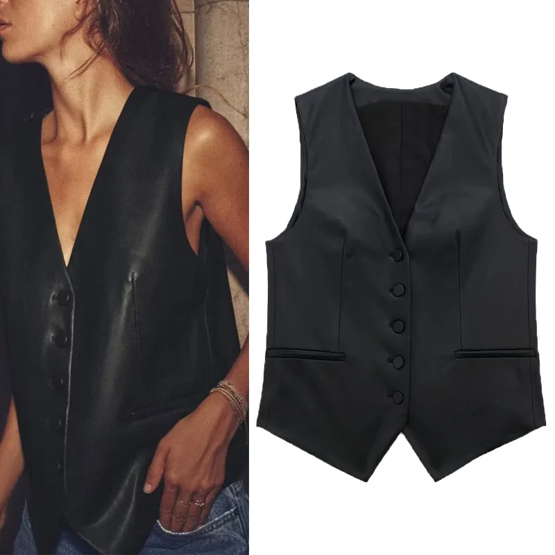 

TRAF Female Black Faux Leather Vest 2023 New Autumn Fashion Simple V-neck Solid Vests Women Office Casual False Welt Pockets Top
