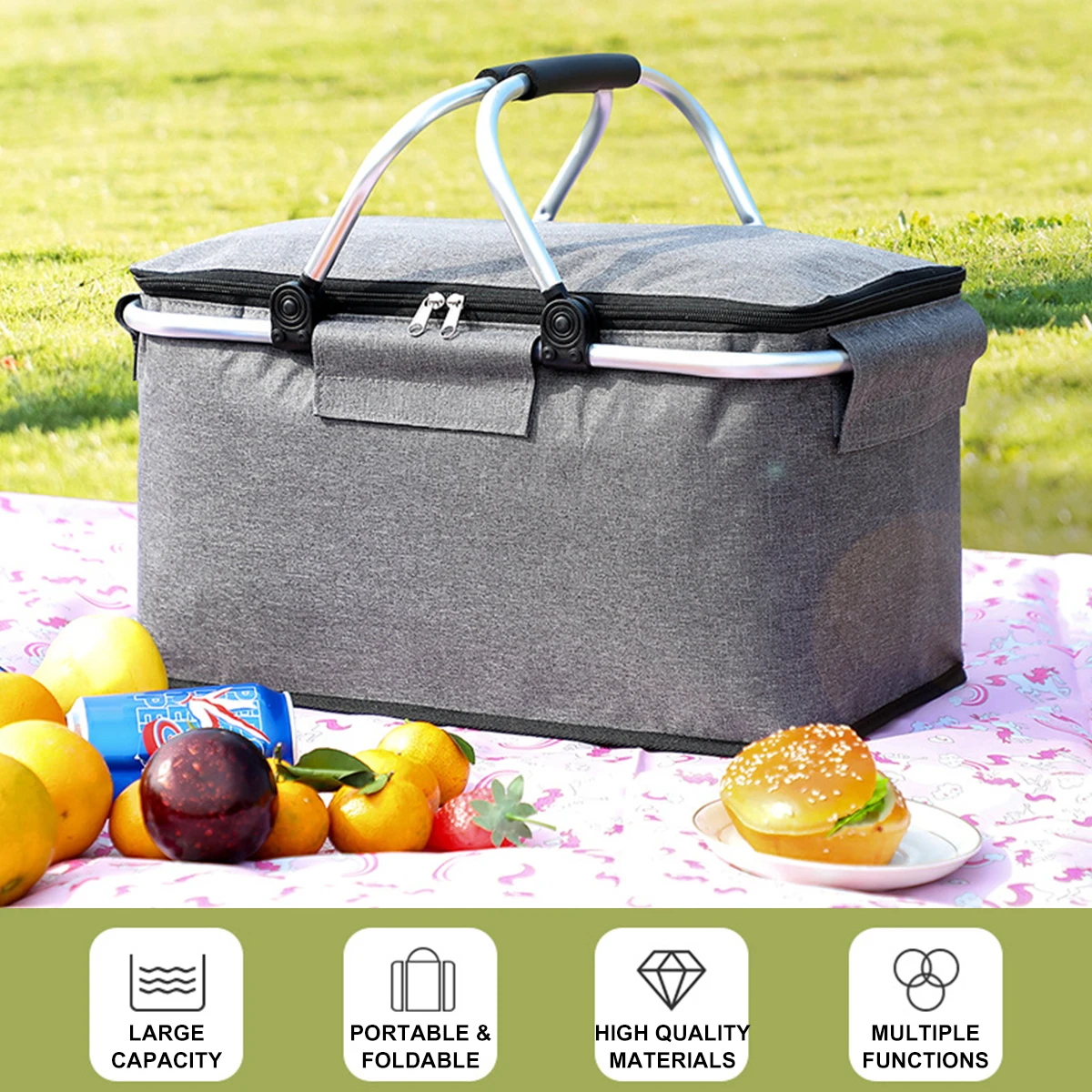 

Foldable Picnic Basket For Outdoor Camping Meal Dining Waterproof Cooler Insulated Oxford Cloth Frame Handles Shopping Basket