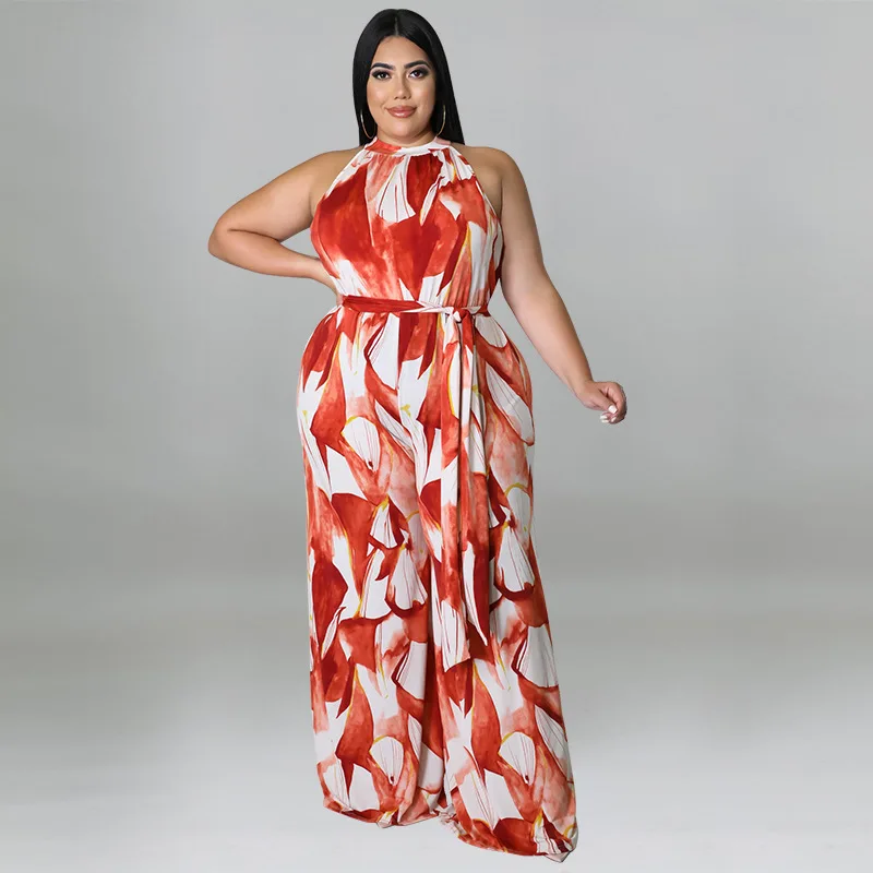 Plus Size Women's Clothing 2022 Summer Fashion Resort Style Casual Print Multicolor Ladies Jumpsuit XL-5XL Oversized