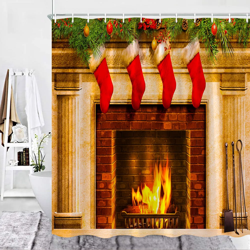 

Рождественская занавеска для душа, набор для камина, рождественской елки, зимний тканевый Декор, Новогодняя занавеска для ванной, наборы ак...