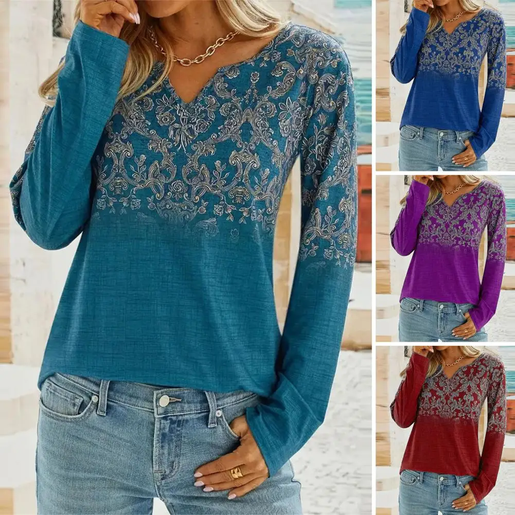 

Women Autumn Winter V-Neck Long Sleeve Casual T-shirt Ethnic Style Retro Printing Loose Fit Pullover T-shirt