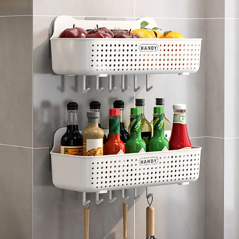 

Kitchen Accessories No Punch Shelving Wall-mounted Supplies Storage Rack Fruit and Vegetable Basket Multifunctional Seasoning