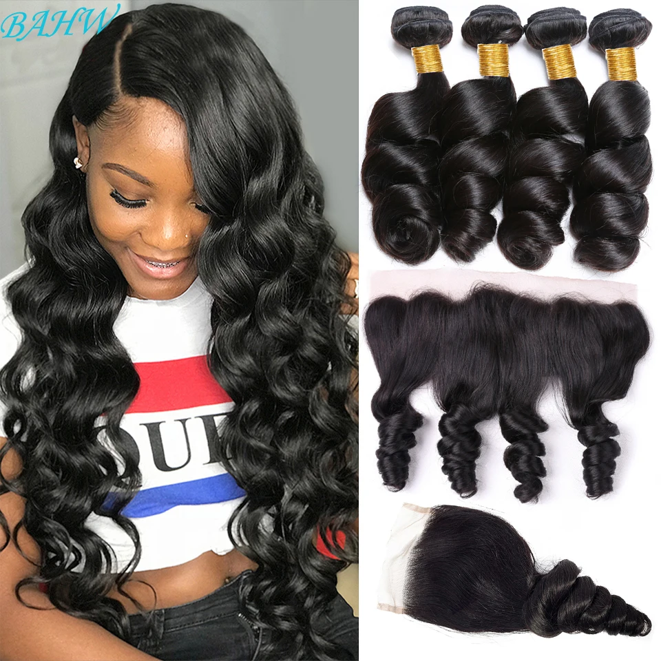 BAHW Brazilian Hair Weave Bundles With Frontal 13*4 Ear To Ear Closure Loose Wave Bundles With Closure 100% Remy Hair 30 Inch
