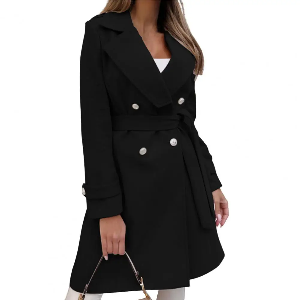 

Lady Overcoat Turn-down Collar Double-breasted Placket Tie-in Waist Warm Long Jacket Autumn Winter Cardigan Coat Outwear