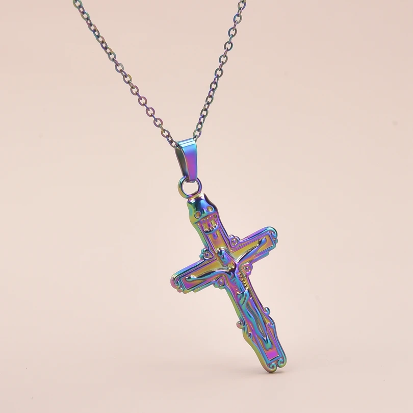 

Rainbow Punk Cross Skeleton Skull Stainless Steel Jewelry Set Necklace For Women/Men Pendant Long Chains Choker Unisex Jewelry