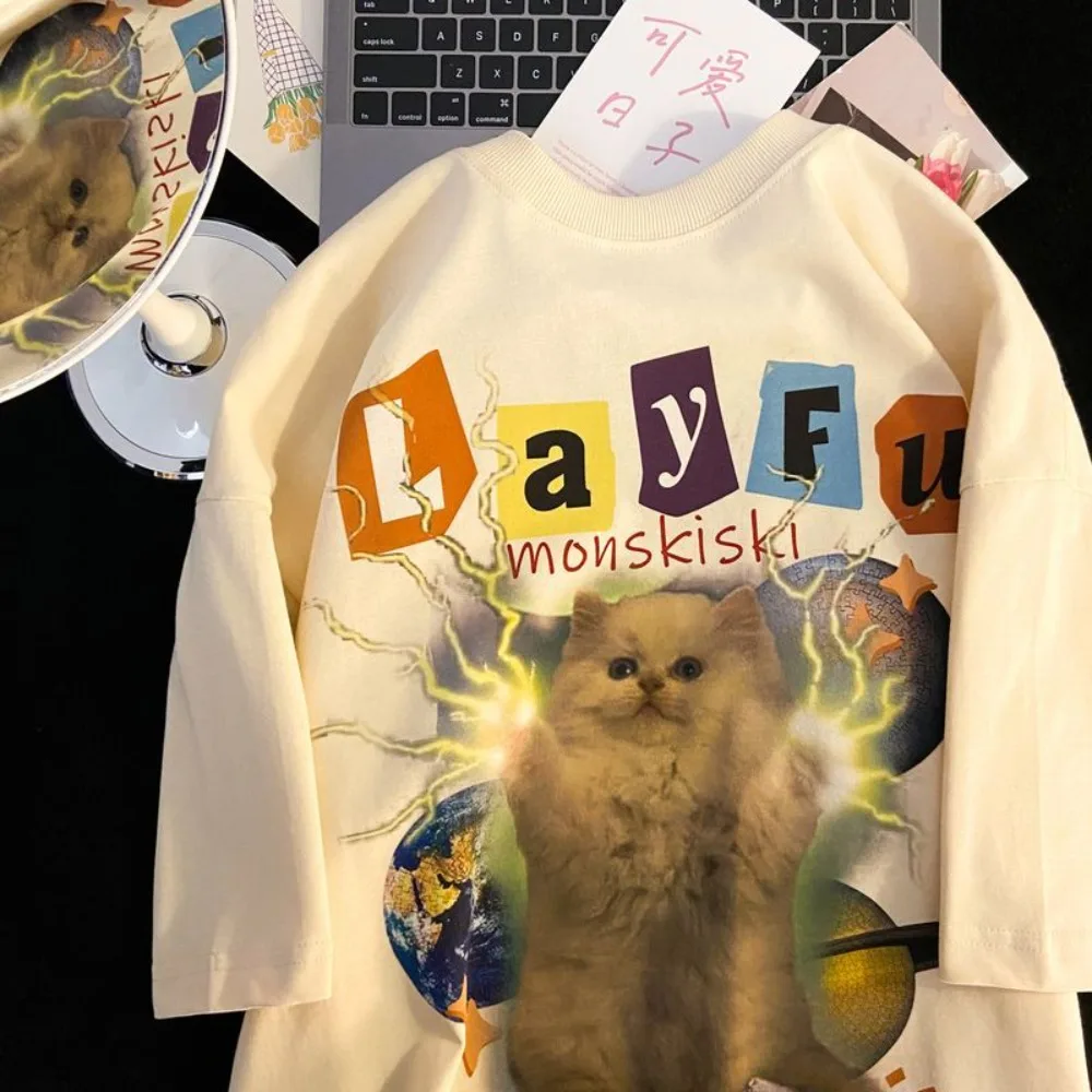 

Vintage Cat Print Cute Cartoon T Shirt Women Streetwear Oversized Casual Shirts for Women Y2k Top Clothes футболка смешная