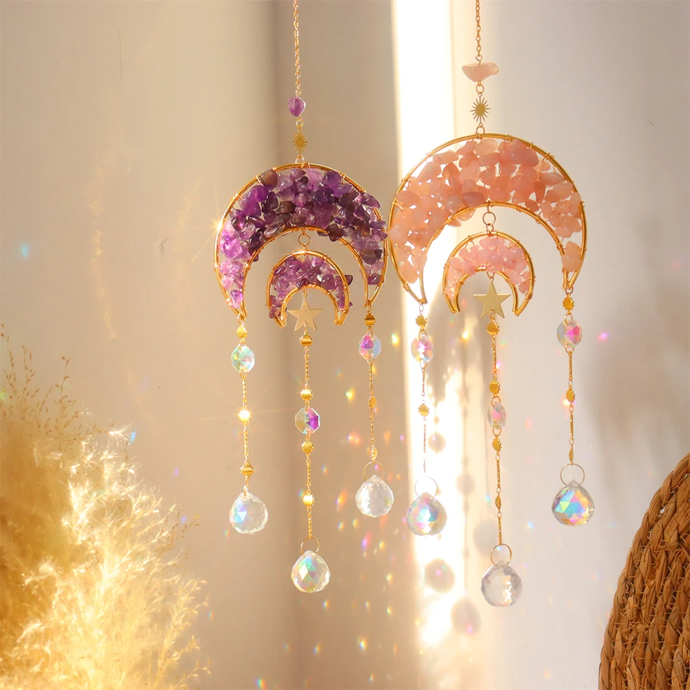 

Moon Natural Stone Crystal Light Catching Jewelry Window Accessories Wind Chime Crystal Light Reflective Wind Chimes for Balcony