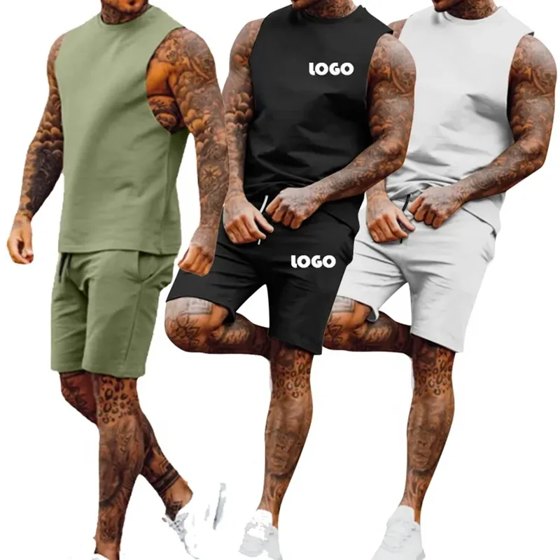 Custom Logo Men's Summer Sports Suit Jogger Casual Gym Jogging Sleeveless Tank Top Vest & Shorts 2 Piece Set