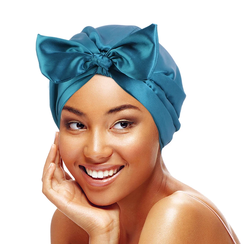 

Bowknot Silky Stain Turban Night Sleeping Cap Solid Hair Care Elastic Bonnet With Head Tie Band for Women Shower Make Up Hat