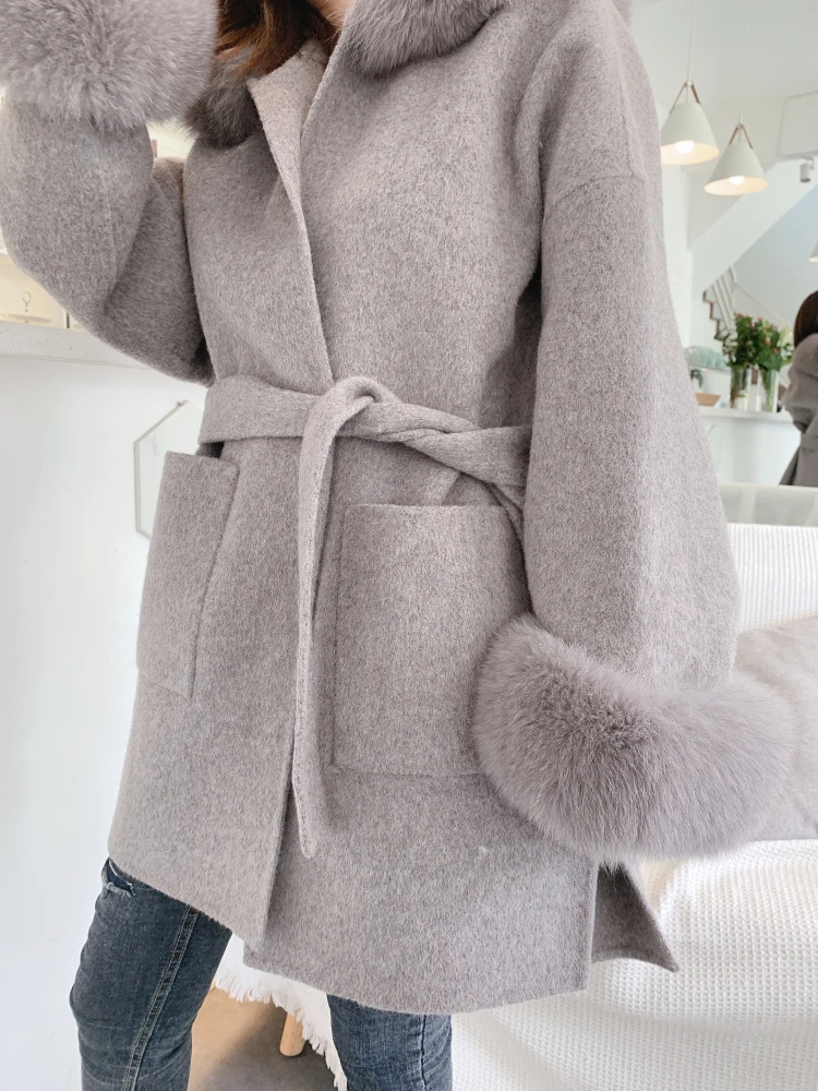 2023 New Real Fur Coat Winter Jacket Women Natural Fox Fur Collar Hooded Outerwear Oversize Loose Cashmere Wool Blends Overcoat