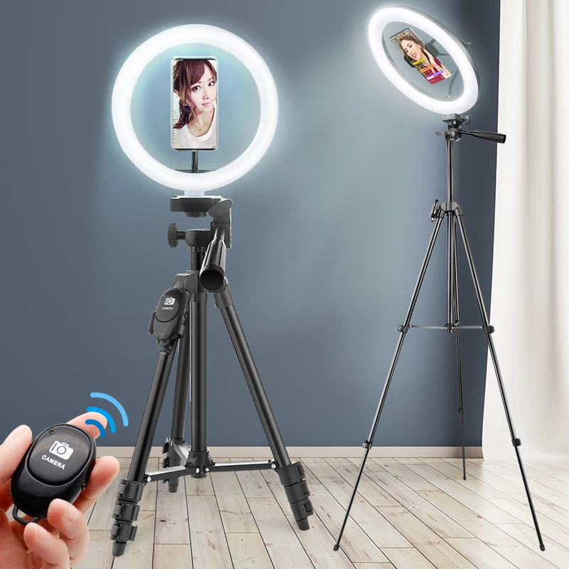 

Кольцевой светильник для селфи с дистанционным управлением, светодиодный светильник 26 см, со штативом и держателем, подходит для прямых тра...