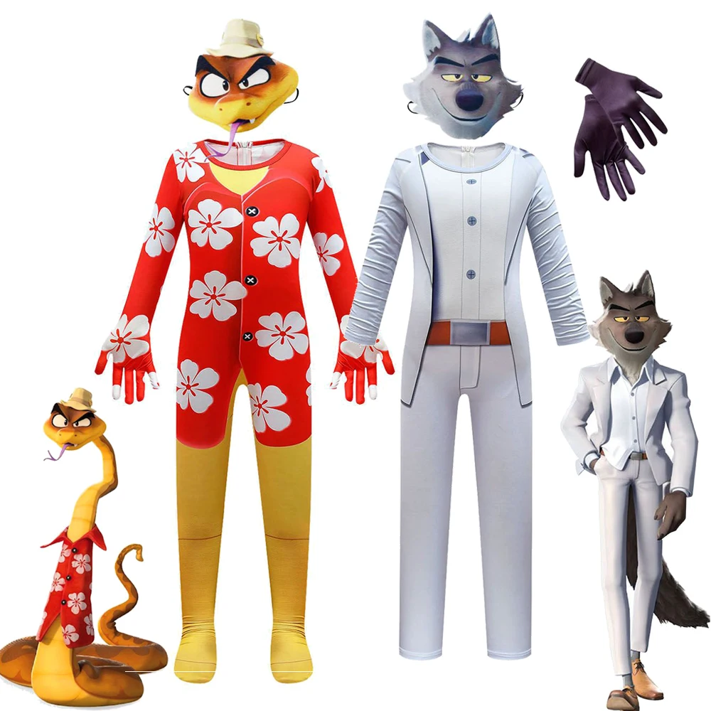 Фото Детские костюмы The Bad Guys для мальчиков, костюм Mr. Wolf Mr. Snake для косплея с маской, детский комбинезон на Хэллоуин, одежда для выступлений №1