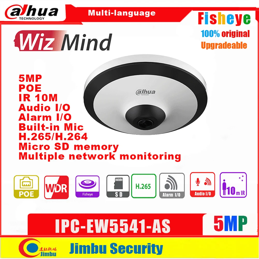 Скидка IP-камера Dahua Fisheye POE 5MP Wizmind IPC-EW5541-AS IR10M H.265 IVS Встроенный микрофон панорама 180 ° внутренняя видеокамера безопасности
