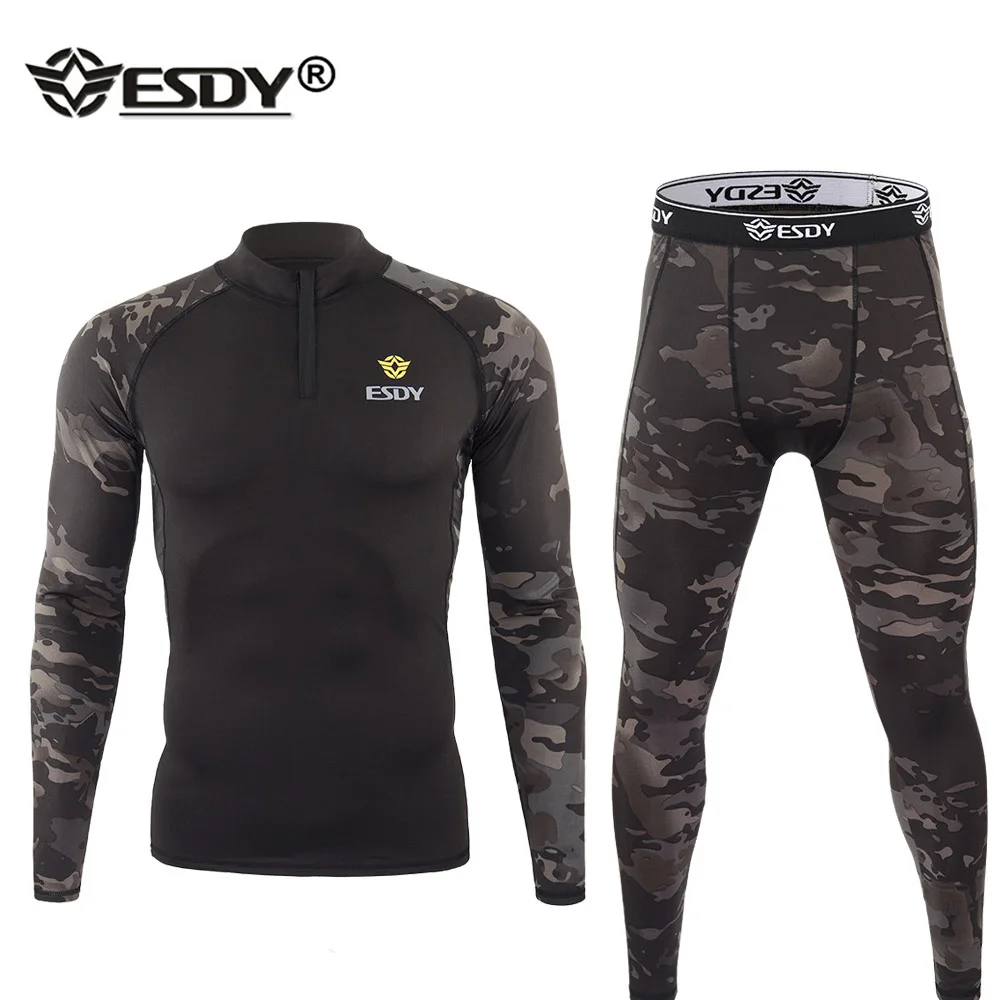 ESDY Camouflage Athletic Thermal Underwear Sets Men Functional Training Sports Sexy Fitness Quick Drying Long Johns Run Tracksui