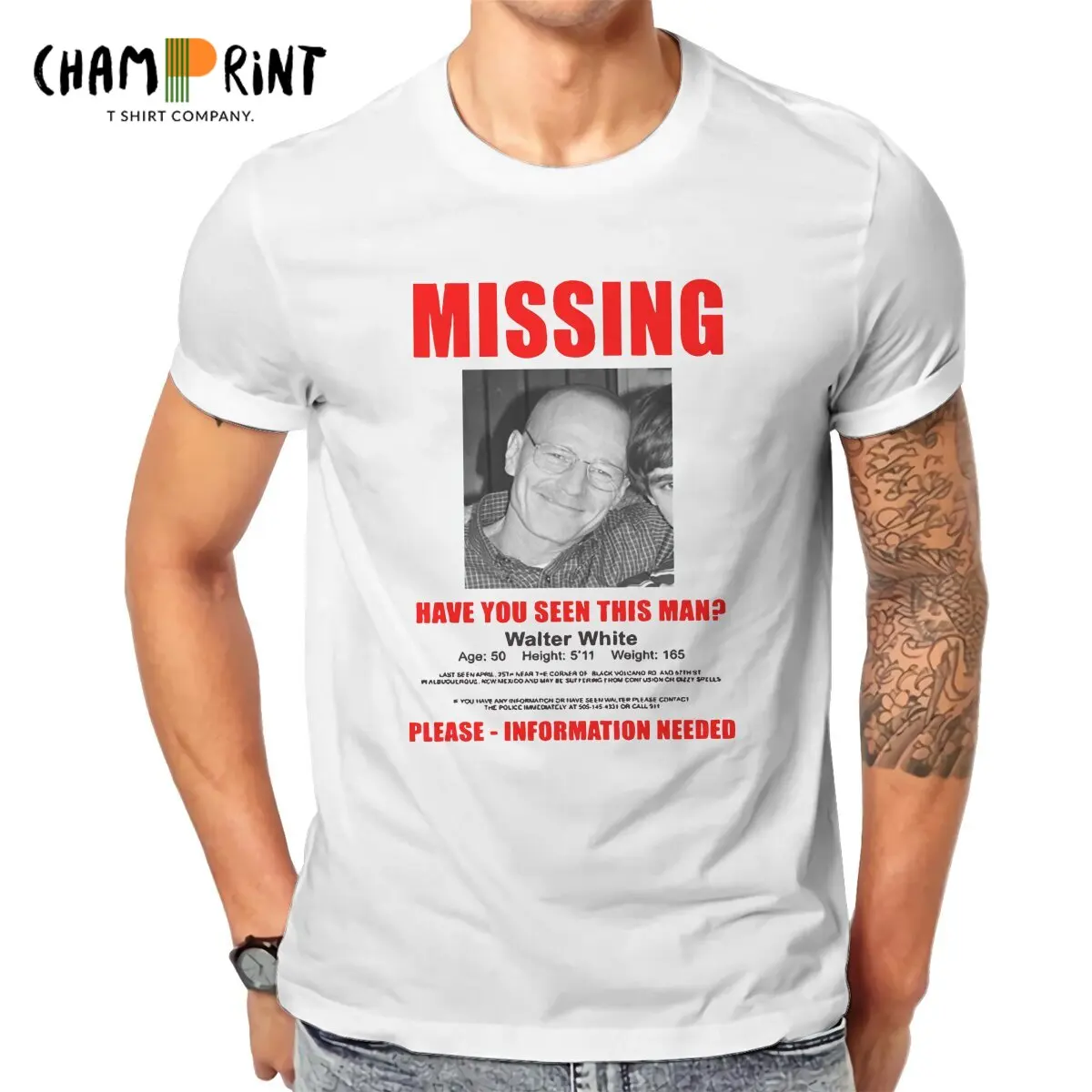 

Men's T-Shirts Breaking Bad Missing Sign Leisure Pure Cotton Tee Shirt Short Sleeve Heisenberg T Shirts Crew Neck Tops Plus Size