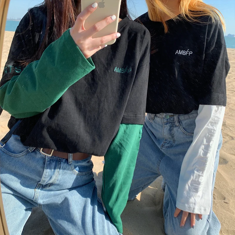 

Vintage Tide Street Girl Loose Long Sleeve Tees Spring New Chic Patchwork Round Neck Letter T-Shirts Female Ins All-Match Tops