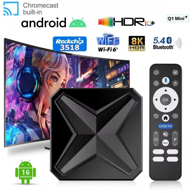 Фото Смарт ТВ-приставка 2026 Q1MINI+ на Android 14 с WiFi 6, двойным интерфейсом, RK3518, 2 ГБ ОЗУ, 16 ГБ ПЗУ, голосовым помощником, HD 8K медиаплеер, ТВ-бокс №1