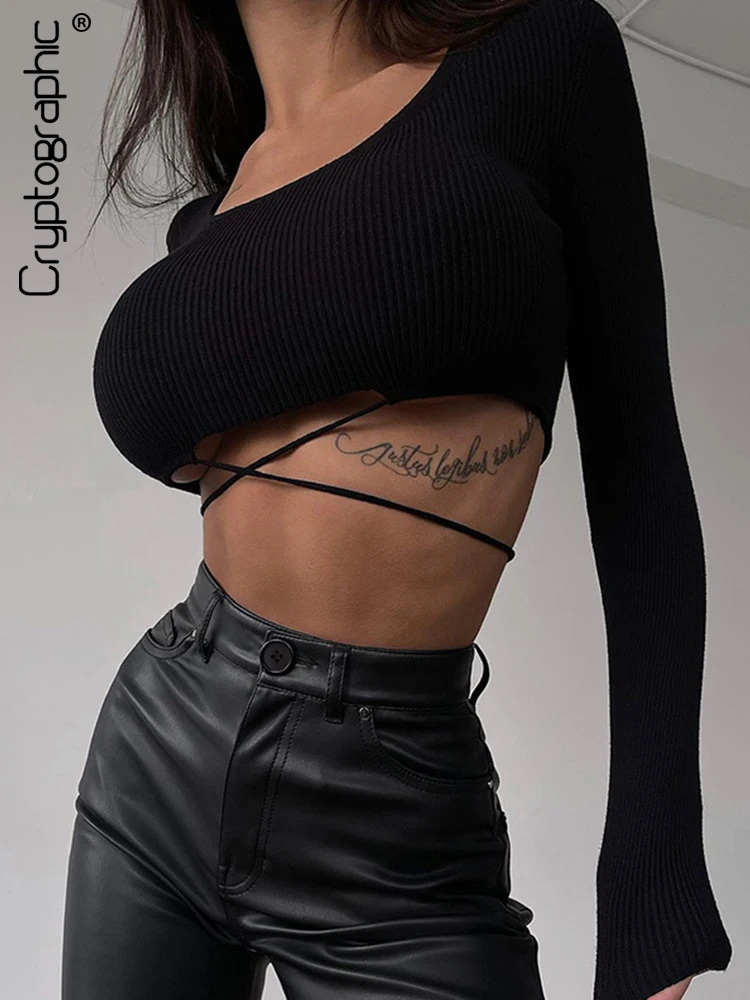 

Cryptographic, элегантные женские однотонные футболки на шнуровке, с длинным рукавом, сексуальный ребристый вязаный укороченный топ, футболки, ве...