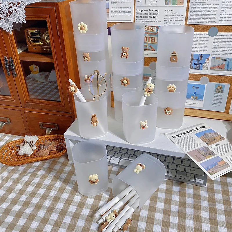 

Cute Frosted Pen Holder Desk Organizer Stationery School Supplies Desktop Office Accessories Makeup Pencil Holder Brush Stand