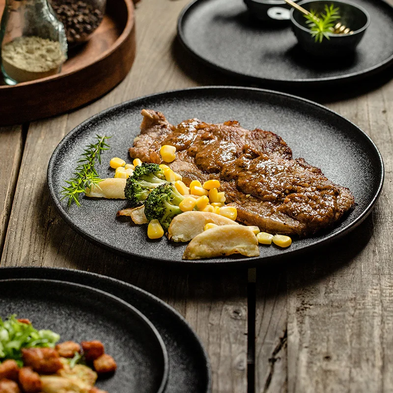 

Japanese Style Black Plate Tableware Ceramic Plate Set Steak Western Food Breakfast Plate Kitchen Decoration