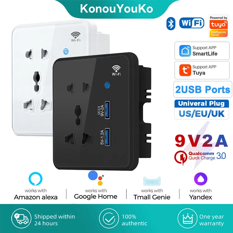 

US EU UK Universal Plug Tuya Wifi Smart Socket Wall Glass Power Outlet 9V 2A Quick Charge 3.0 USB Port for Alexa Google Home Sma