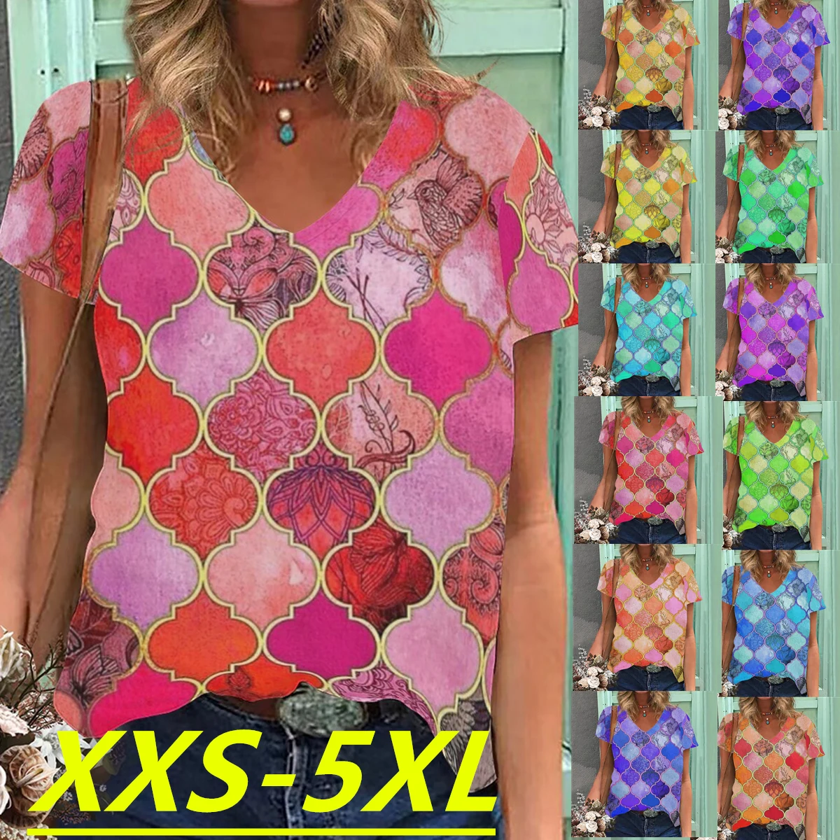 

Женская футболка с коротким рукавом, V-образным вырезом и этническим принтом