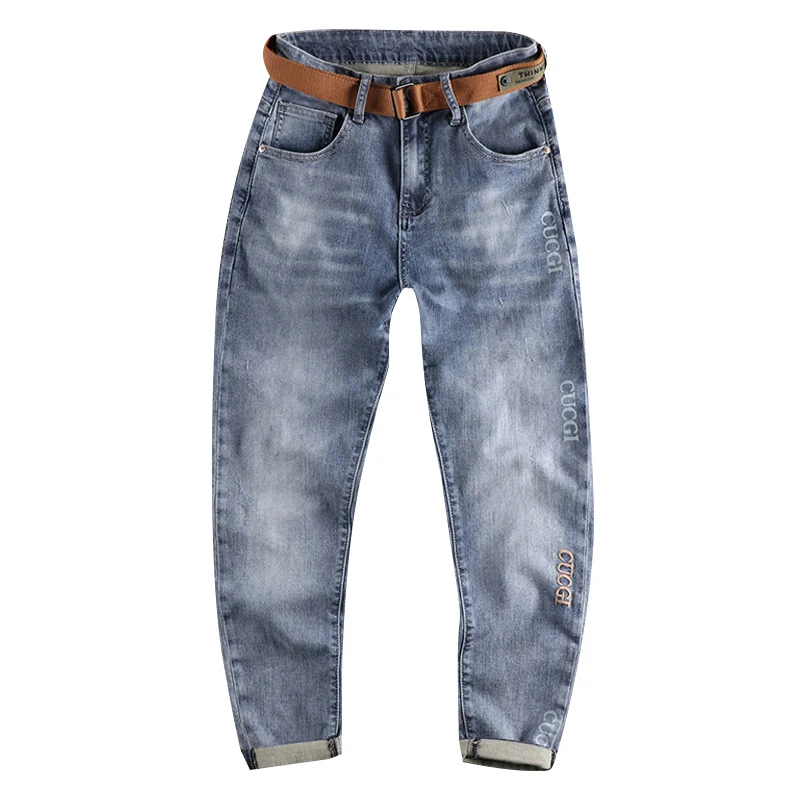 European spring and summer new embroidered letter jeans men's slim fit small feet washed old blue retro trend Capris