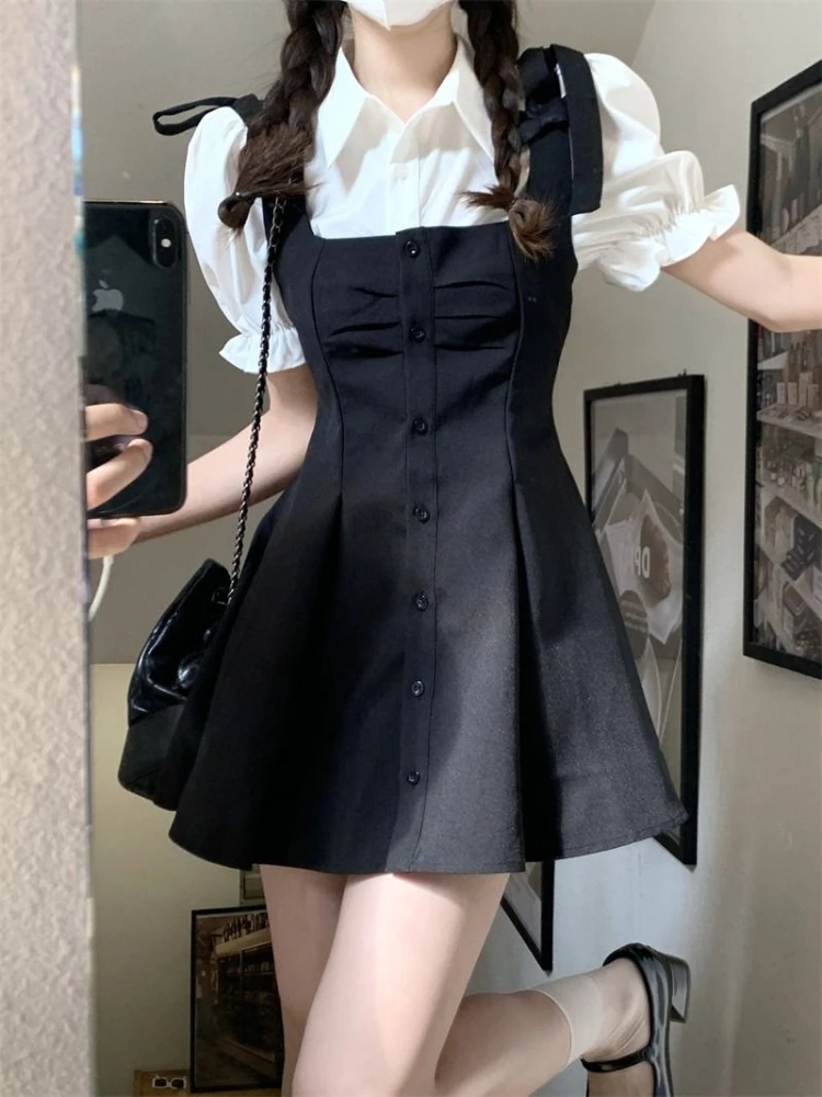 

2023 Kawaii Preppy Style Suit Black Slip Dress White Blouse Spring Sweet Korean Fashion Femle Outfit Women Elegant Two Pieces