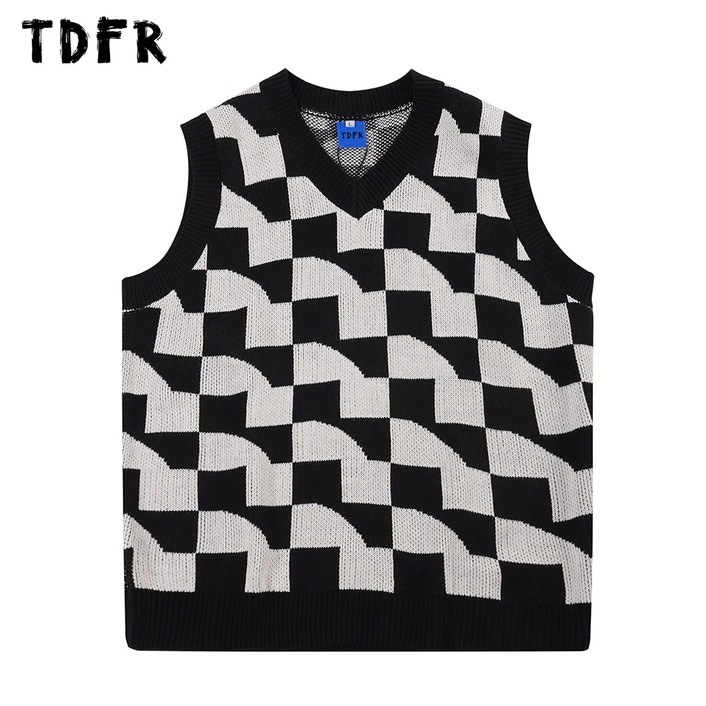

Checkerboard Grid Knitted Vest Mens Autumn Winter Retro Casual Loose V-neck Sleeveless Sweater Vest Men Top