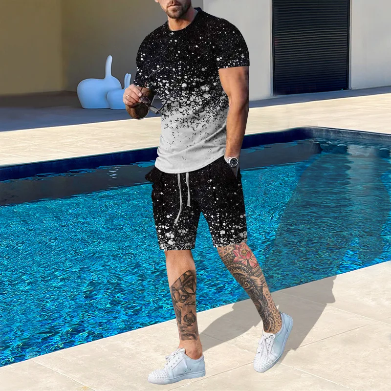 2023 Men's Suit Fashion 3D Printed Street Wear Summer T-shirt Shorts 2-piece Suit Casual Oversized Sports Wear Men's Street Wear