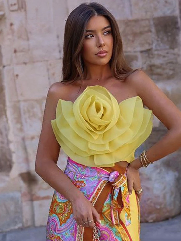 

Yellow Tie Flowers 3D Crop Top Women Sleeveless Backless Short Tank Tops 2023 Summer Strapless Cropped Folds Casual Camis Top