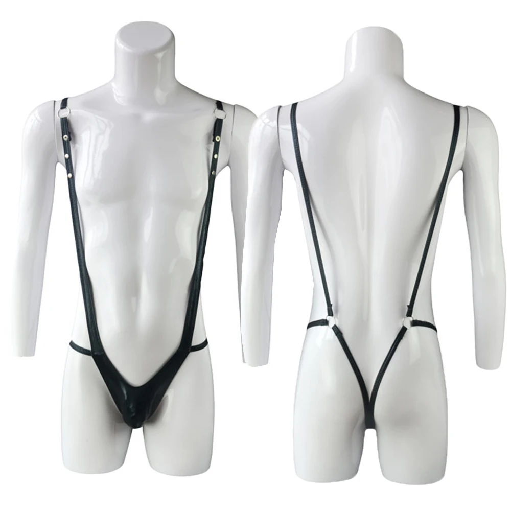 

Men Sexy Pu Leather Bodysuit Underwear Gay Backless Leotard Jumpsuit One Piece Wrestling Singlet Playsuit Man Erotic Lingerie
