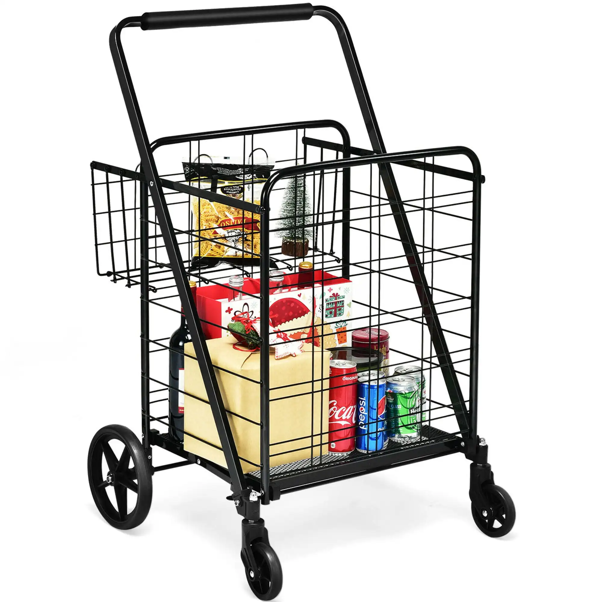 

330lbs Heavy Duty Folding Shopping Cart Utility Jumbo Double Basket Black