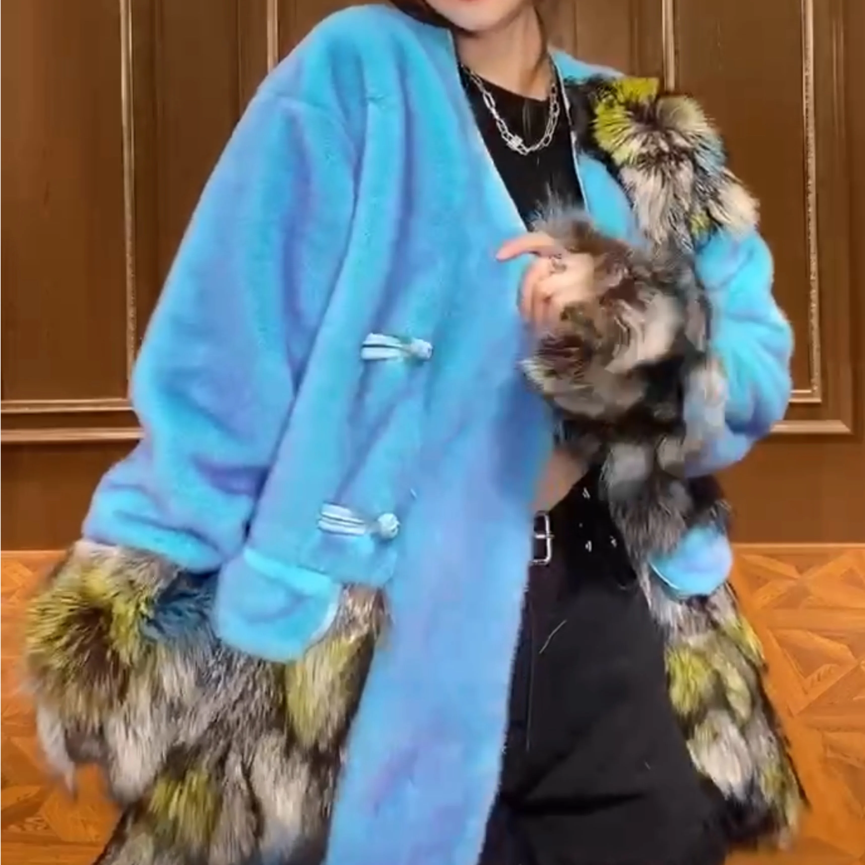 2023 Winter New Imported Fox Fur with European Mink Fur Coat Light Luxury Long Sleeve Jacket Women Mid-Length Warm Slim Coats