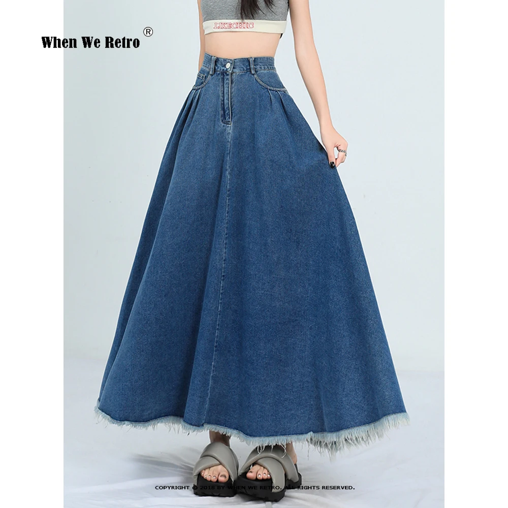 

New Tassel Maxi Denim Skirt Women 2023 New Korean Elegant Big Hem High Waist Pleated Long Jeans Skirt Female Lady RS1300